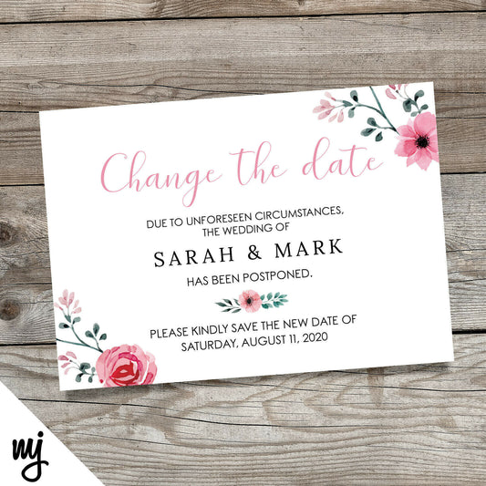 Personalised Wedding Change The Date Postponed Cards | Pink Red Cute Flowers 2