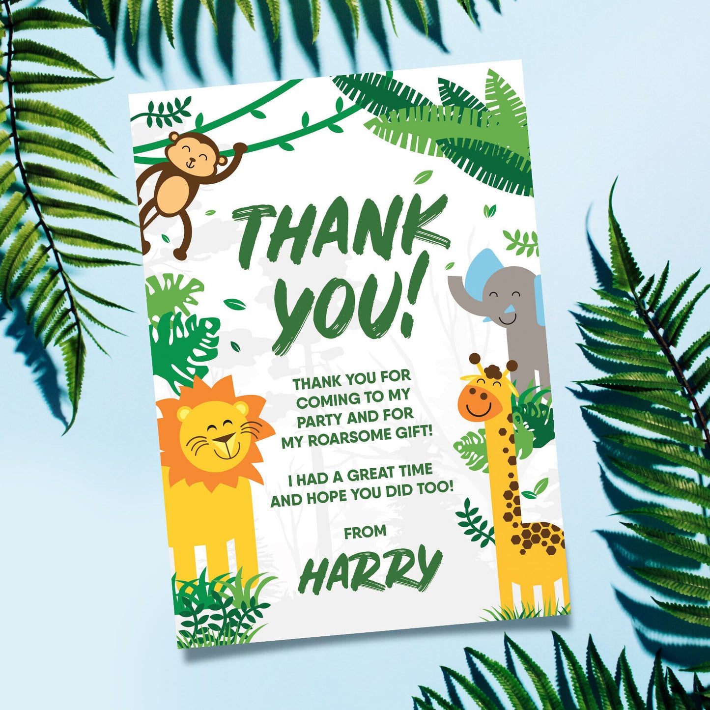 Personalised Jungle Animals Kids Birthday Party Invitations & Thank You Cards