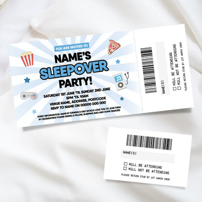 Personalised Sleepover Slumber Party Ticket Style Invitations | Perforated Stubs