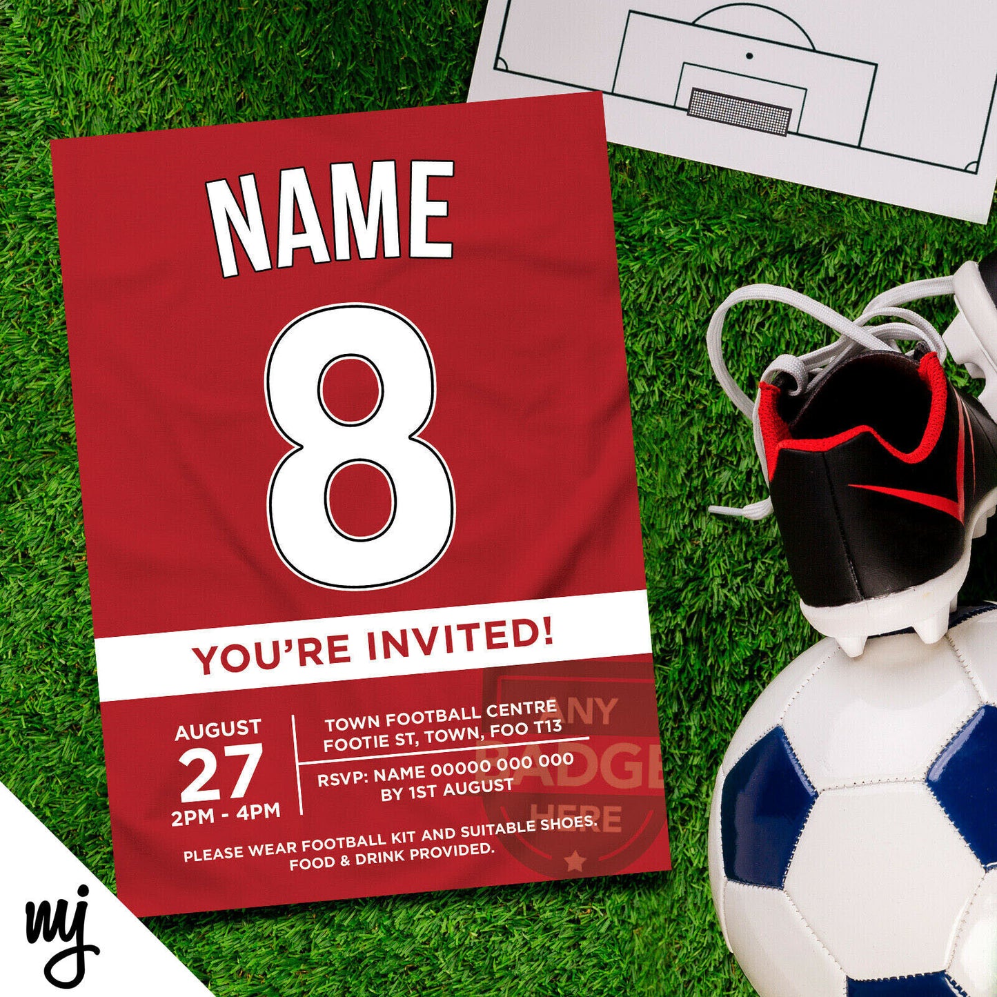 Personalised Red Football Shirt Style Invitations | Kids/adults | Any Colours!