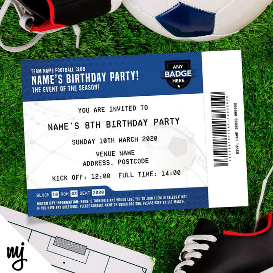 Personalised Blue Football Ticket Style Invitations | Kids/adults