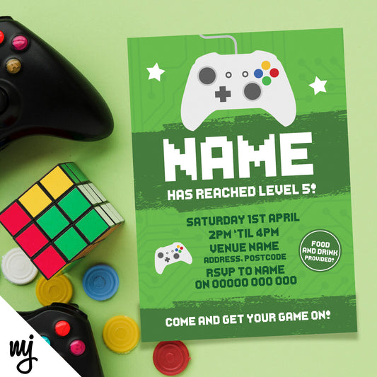 Personalised Gaming Controller Party Invitations | Green Game Gamer Battle