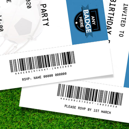 Personalised Light/sky Blue Football Ticket Style Invitations | Kids/adults