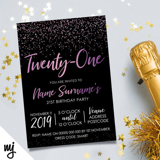 Personalised 21st Birthday Party Invitations | Purple Pink Glitter Style