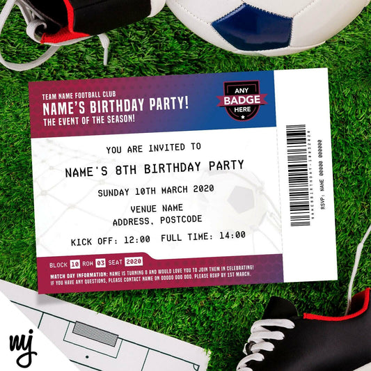 Personalised Maroon & Blue Football Ticket Style Invitations | Kids/adults