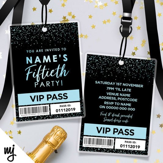 40th Birthday Vip Passes & Lanyards | Black Blue Glitter