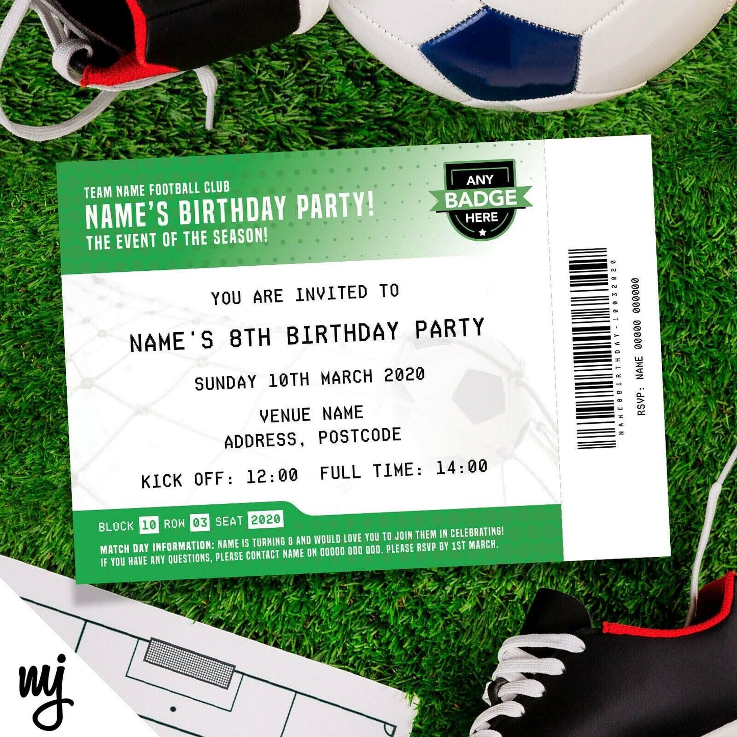 Personalised Green & White Football Ticket Style Invitations | Kids/adults