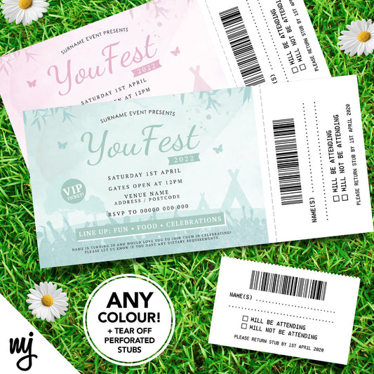 Personalised Boho Chic Festival Vip Ticket Style Party Invitations | Perforated