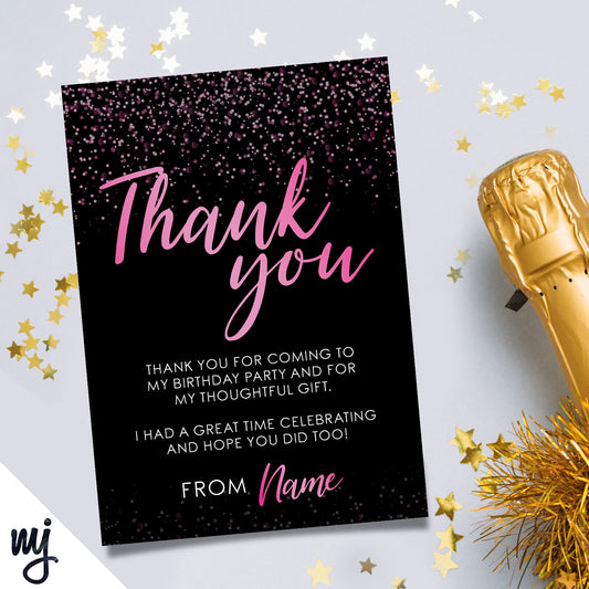 Personalised Party Thank You Cards | Black Pink Glitter | Any Message!