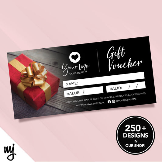 Custom Printed Business Gift Vouchers | Black Red Gold Generic Present 04