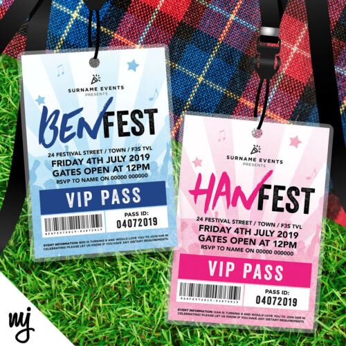 Personalised Festival Style Vip Passes Lanyards Birthday Party Invitations